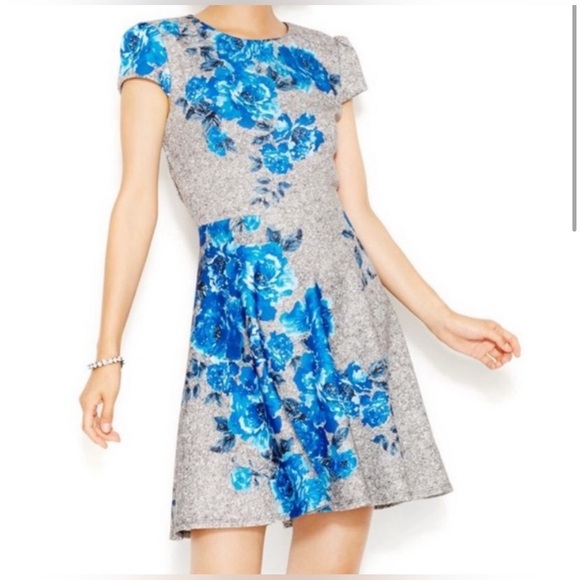 EUC Betsey Johnson Puff Cap Sleeve Blue Floral Roses Fit & Flare Skater Dress - Picture 2 of 11